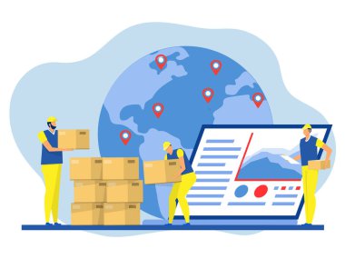 Business  Delivery logistics service ,stock market online laptop flat ,Worker Carrying Boxes with Goods.vector illustration. website design or landing web page