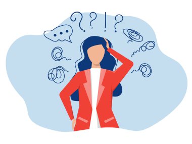 Kadın takıntılı düşüncelerden, baş ağrısından, çözülmemiş sorunlardan, psikolojik travmadan, depresyondan muzdarip. Zihinsel stres panik zihin bozukluğu düz vektör çizimi.