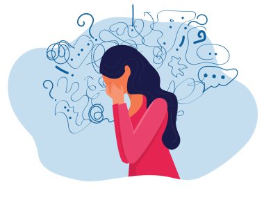 Kadın takıntılı düşüncelerden, baş ağrısından, çözülmemiş sorunlardan, psikolojik travmadan, depresyondan muzdarip. Zihinsel stres panik zihin bozukluğu düz vektör çizimi.