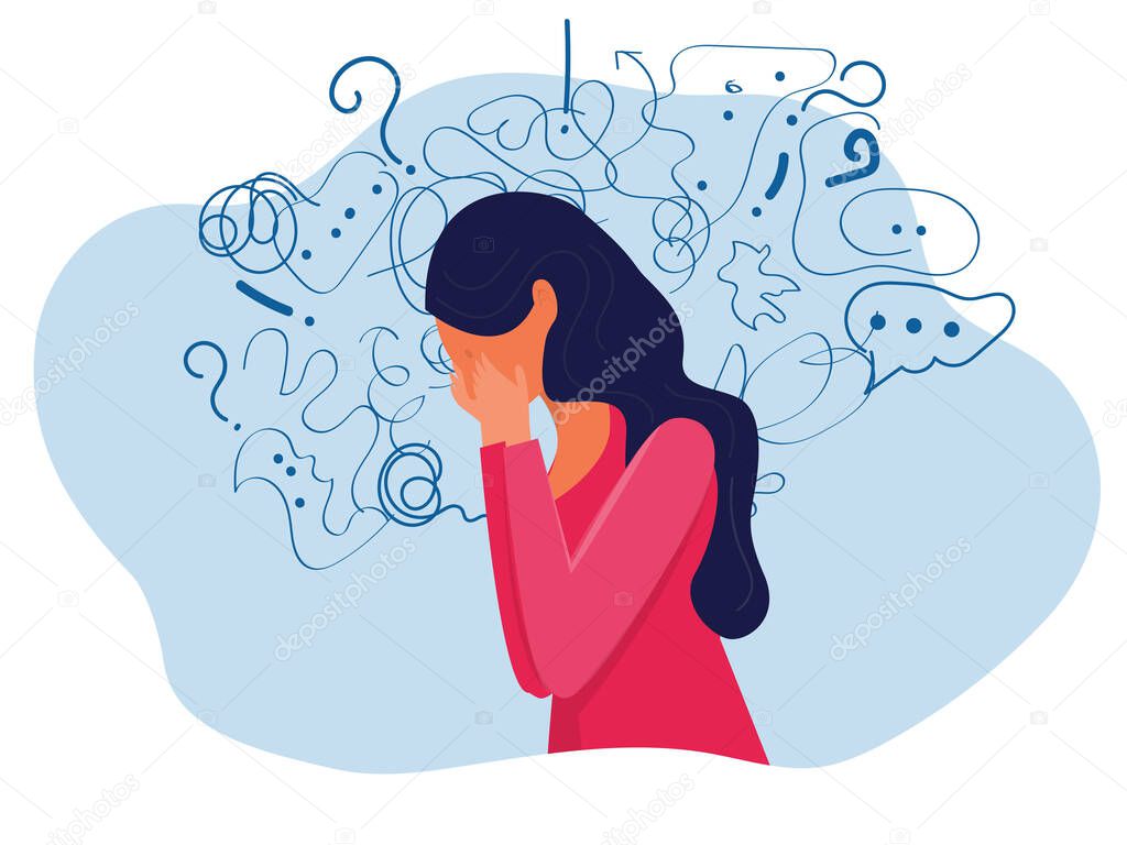 woman suffers from obsessive thoughts; headache; unresolved issues; psychological trauma; depression.Mental stress panic mind disorder illustration Flat vector illustration.