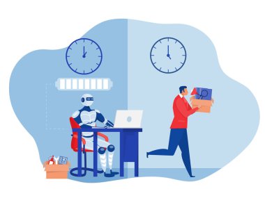 Robotlar ofisteki insanların, iş adamlarının, işsizlerin yerini alıyor. Çalışan kavramını karşılaştır Düz vektör illüstrasyonu
