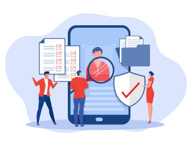 KYC ya da müşterilerinizin şirketlerini tanıma ve müşterilerinin kimliklerini ortaklar konseptinde dizüstü bilgisayar vektör çizerindeki bir büyüteçle doğrulama