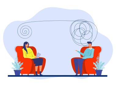 Patient with tangled rope consulting psychologist.The study of how mental functioning affects the behaviors that are expressed Mental health, depression concept Flat vector illustration