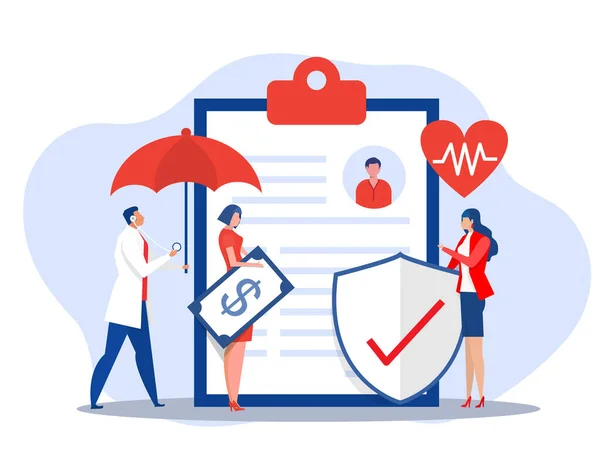 health insurance concept ,Woman offer health insurance and doctor under an umbrella with medications and documents.flat vector illustration 