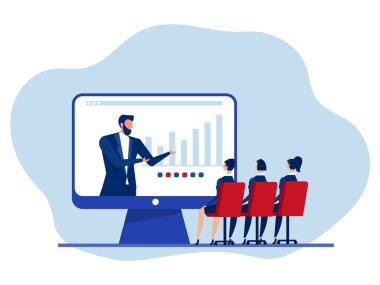 Video konferansı online çağrısı, iş adamları web konferansı konsept ofis çalışanları grubu vektör illüstrasyonunu tartışıyor