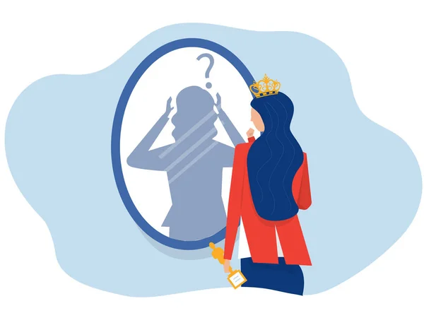 Taklitçi Sendrom Kadın Kraliçe Endişeli Olduğu Için Aynaya Bakıyor Vektöründe — Stok Vektör