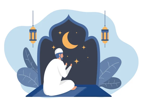 Μουσουλμάνοι Προσεύχονται Στο Τζαμί Νύχτα Αραβικά Παραδοσιακά Ρούχα Για Την — Διανυσματικό Αρχείο