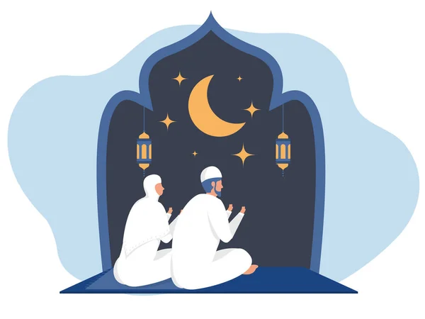 Μουσουλμάνοι Άνθρωποι Προσεύχονται Στο Τζαμί Νύχτα Αραβικά Παραδοσιακά Ρούχα Για — Διανυσματικό Αρχείο