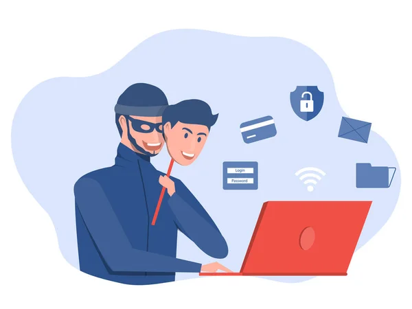 Hacker Criminoso Segurando Amigos Máscara Para Hackear Tela Laptop Roubando — Vetor de Stock