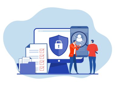 KYC ya da müşterilerinizin şirketlerini tanıma ve müşterilerinin kimliklerini ortaklar konseptinde dizüstü bilgisayar vektör çizerindeki bir büyüteçle doğrulama