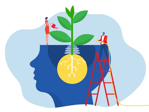 Businesswoman Watering Plants Brain Put Think Growth Mindset Self Improvement — 스톡 벡터