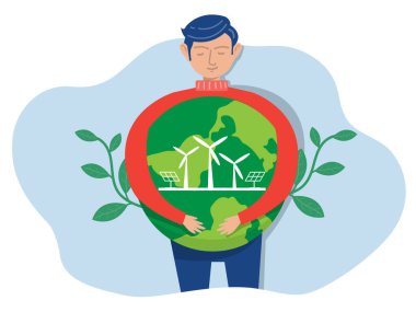 Dünya Günü yeşil eko enerjisi, Dünya 'yı Dünya Günü ile kucaklayan ve doğal kaynakların korunması, korunması ve makul tüketimi kavramını koruyan genç adam..