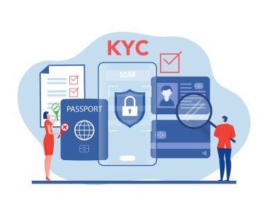 KYC ya da müşterilerinizin iş ortaklarının kimliklerini iş dünyasının kimlikleri ve finansal güvenliği ile ilgili bir büyüteç fikri üzerinden ortaklar konseptinde doğrulayan müşterilerinizi tanıyın. vektör çizici