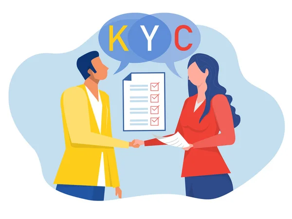 Kyc或认识你的客户 商业女性和男性与合作伙伴握手确认客户的概念说明符向量的身份 — 图库矢量图片