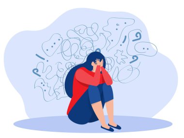 Kadın takıntılı düşüncelerden, baş ağrısından, çözülmemiş sorunlardan, psikolojik travmadan, depresyondan muzdarip. Zihinsel stres panik zihin bozukluğu düz vektör çizimi.