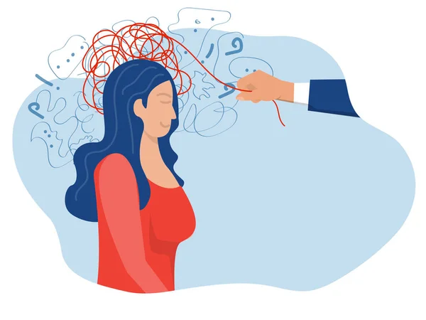 抑郁症 心理治疗和心理帮助缓解抑郁症 治疗学家在头像插画中解开了一连串的线 — 图库矢量图片