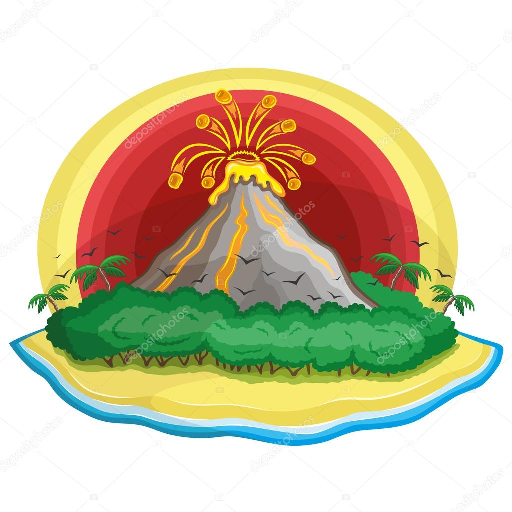 Cartoon tropical volcano on white background.
