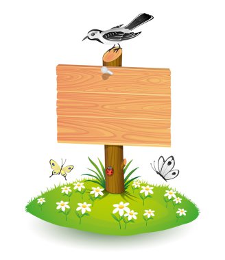 vektör simgesi. Yeşil çimenlerin üzerinde ahşap işareti.