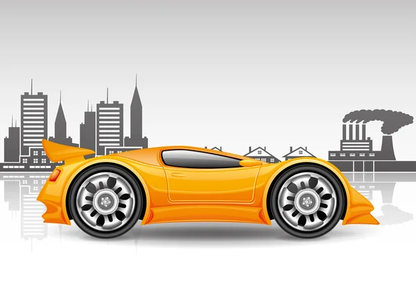 都市の背景にオレンジ色の車. — ストックベクタ