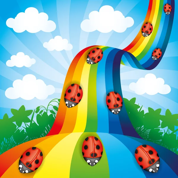 Lieveheersbeestjes op de regenboog. — Stockvector