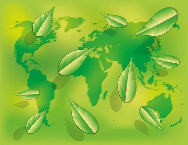 Mappa del mondo e foglie . — Vettoriale Stock