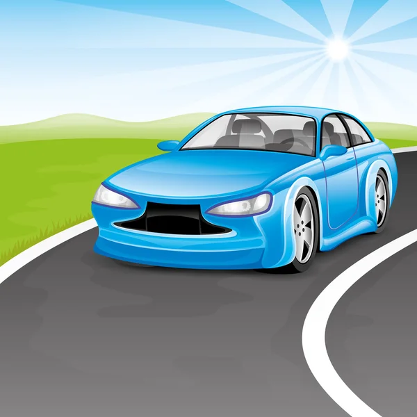 Modré auto na silnici. — Stockový vektor