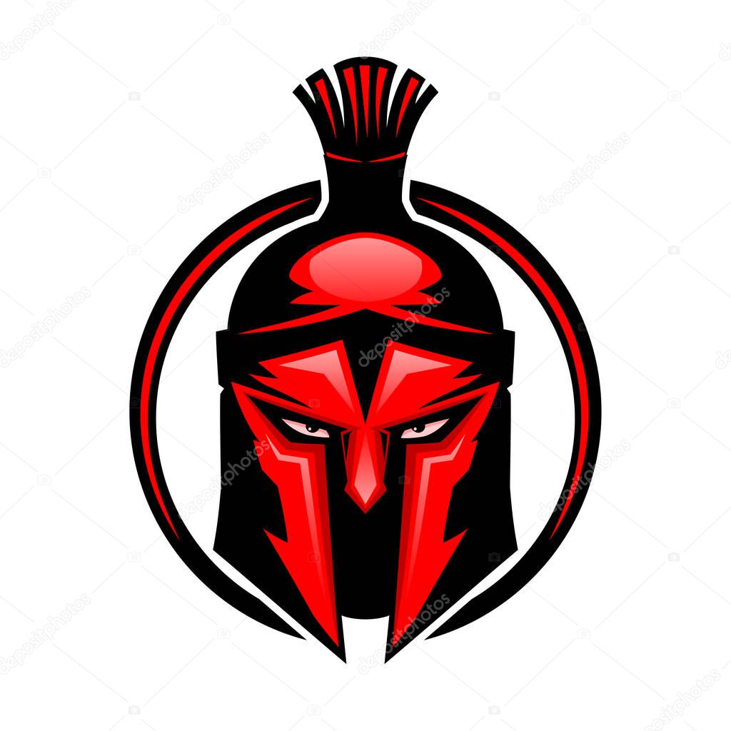 Red Spartan helmet icon on white background.