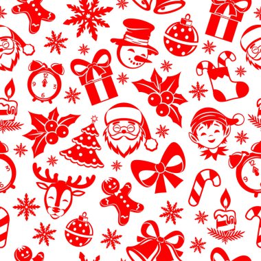 Beyaz arkaplanda kırmızı tatil simgeleri olan kusursuz Noel deseni.