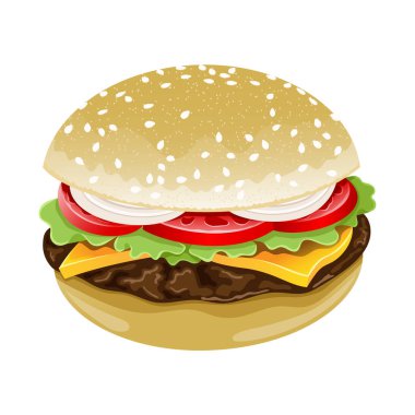 Beyaz arka planda iştah açıcı bir hamburger ya da fast food tasviri.