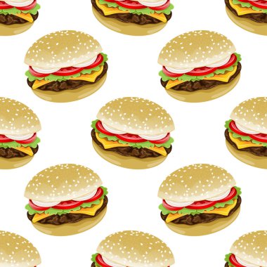 Beyaz zemin üzerinde hamburgerler olan kusursuz desen.