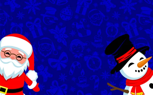Festive Christmas Banner Santa Claus Snowman Blue Background — Stock Vector