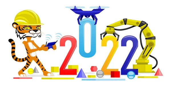 Illustrazione Nuovo Anno 2022 Con Una Tigre Casco Con Drone — Vettoriale Stock