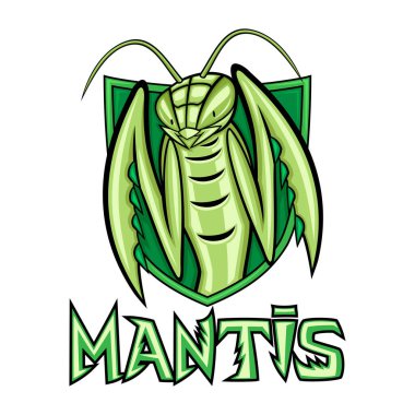Green insect mantis and shield on white background. clipart