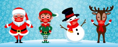 Kış arka planında koruyucu maskeler ve virüslerle Noel ve yeni yılı kutlayan karakterler. 