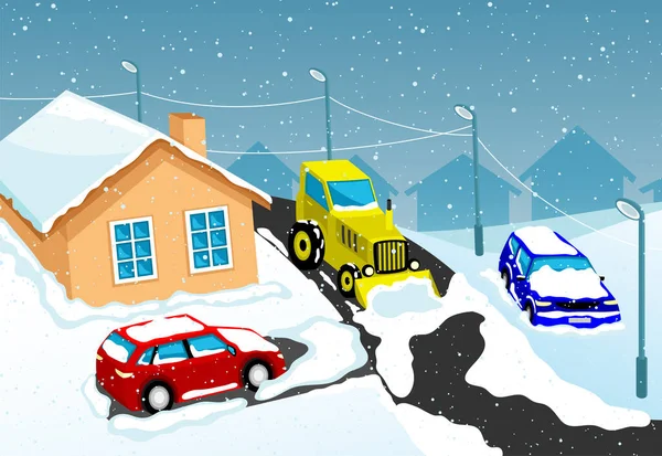 Ilustración Tractor Despejando Camino Nieve Los Coches Nieve Sobre Fondo — Archivo Imágenes Vectoriales