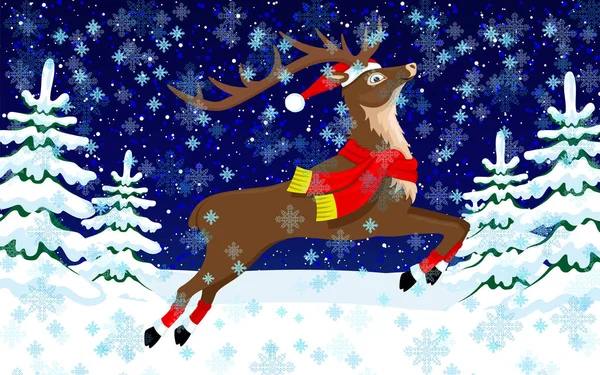 Weihnachten Hirsch Mit Schal Auf Winterlichem Hintergrund — Stockvektor