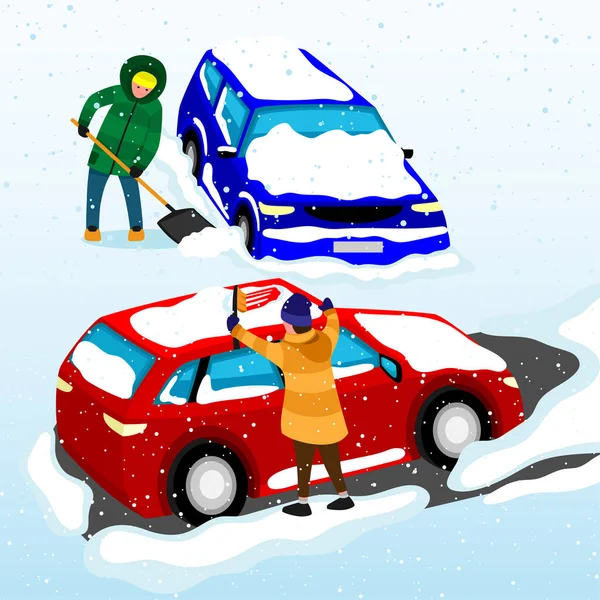 Οδηγοί Σαφές Χιόνι Καλύπτονται Αυτοκίνητα Από Χιόνι Στο Φόντο Του — Διανυσματικό Αρχείο