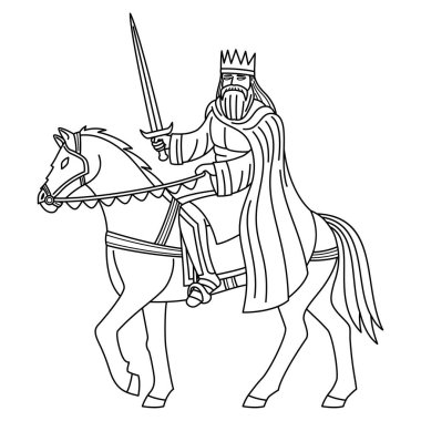Beyaz arka planda ata binen kılıçlı bir kralın eşleşen çizimi..