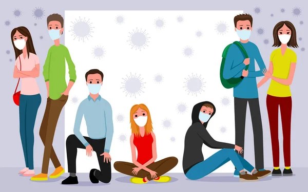 Illustration Mit Einer Gruppe Von Menschen Schutzmasken Und Viren — Stockvektor