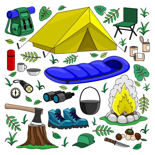 Items Hiking Outdoor Recreation White Background — Stock Vector