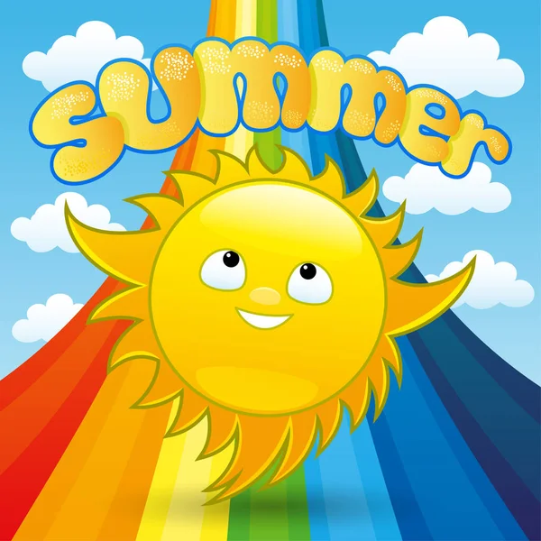 Καλοκαιρινή Απεικόνιση Χαμογελαστό Ήλιο Και Φωτεινό Ουράνιο Τόξο Στον Γαλάζιο — Διανυσματικό Αρχείο