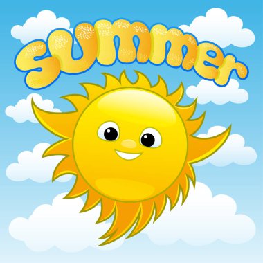 Neşeli güneş ve mavi gökyüzünde bulutlar.