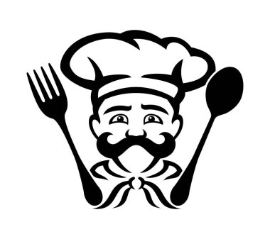 Çatal ve kaşıkla beyaz arkaplanda izole edilmiş şef simgesi.