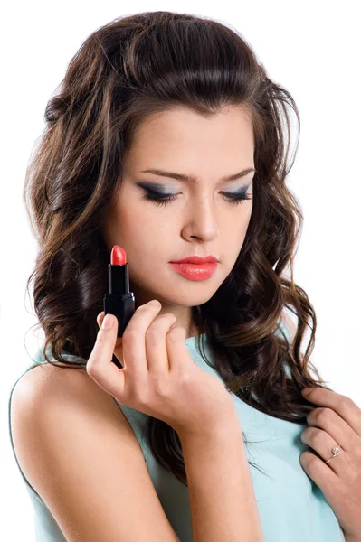 Brunette gir with red lipstick — Stock Photo, Image