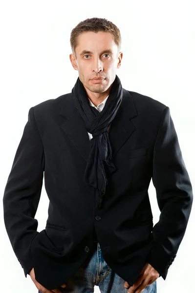 Portrait of serious adult man in black coat — Stock Photo, Image