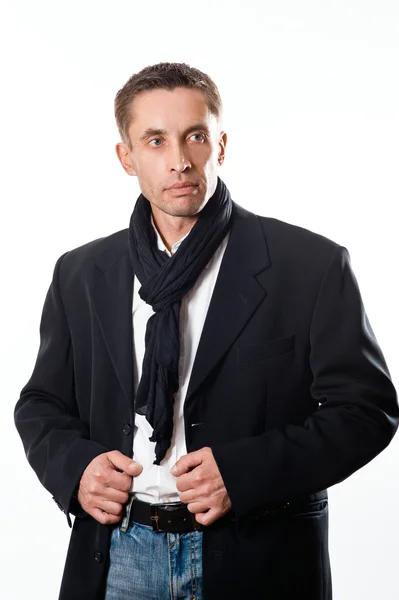 Portrait of handsome man model in black coat for autumn and spri — Stock Photo, Image