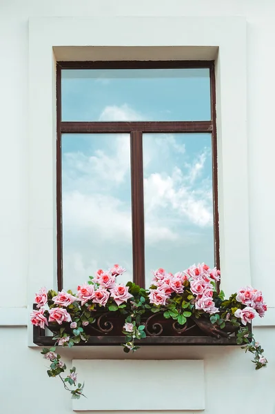 Παράθυρο και πλαίσιο λουλουδιών — Φωτογραφία Αρχείου