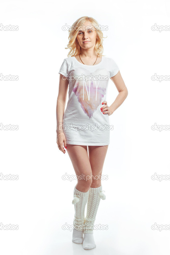 portrait of a girl blonde on a white background