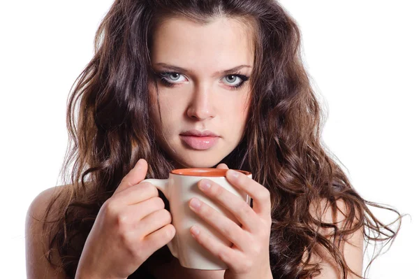 Brunette woman having cup of tea — Stock Photo, Image