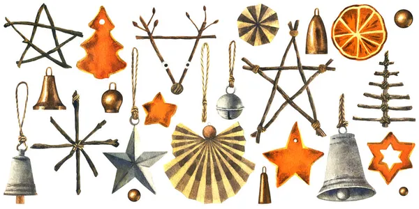 Zestaw dekoracji świątecznych DIY Scandinavian. Ilustracja akwarela. — Zdjęcie stockowe
